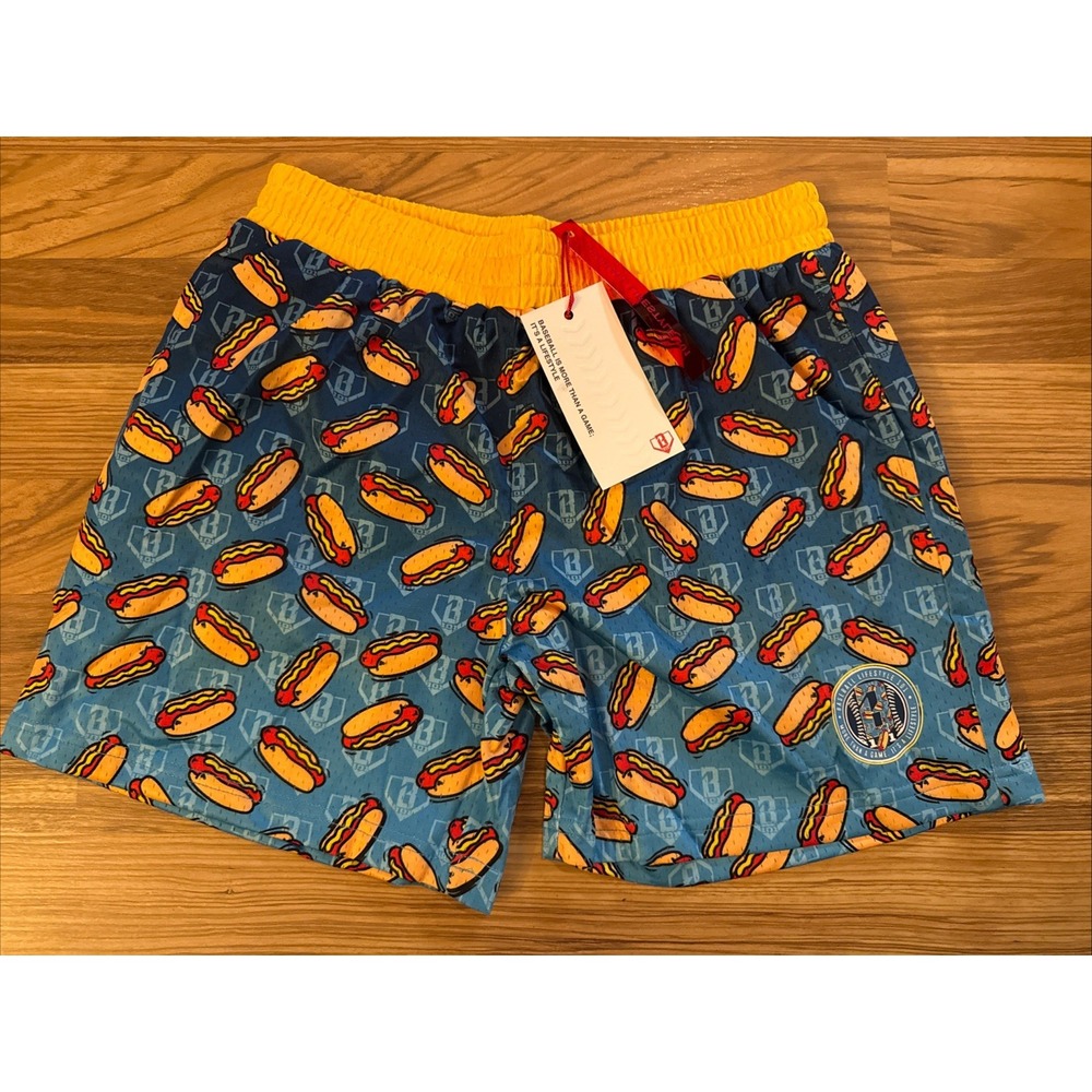 Baseball Lifestyle 101 Boys Hot Dog Print Athletic Shorts YL Blue Yellow